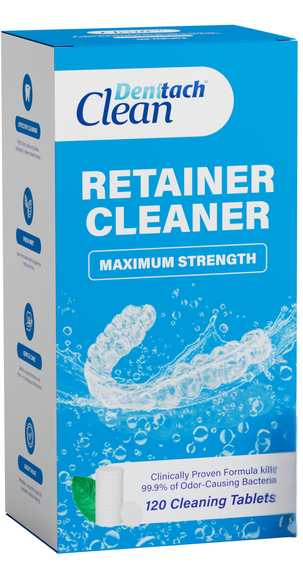 Box of Denttach Clean Retainer Cleaner with blue and white design 120 ct cleaning tablets